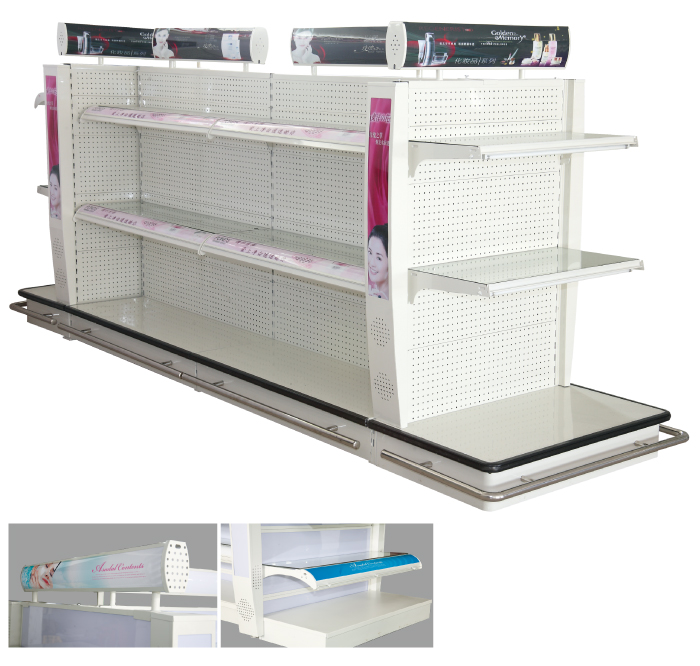 Heavy duty cleaning items display rack with light box and metal/glass panel