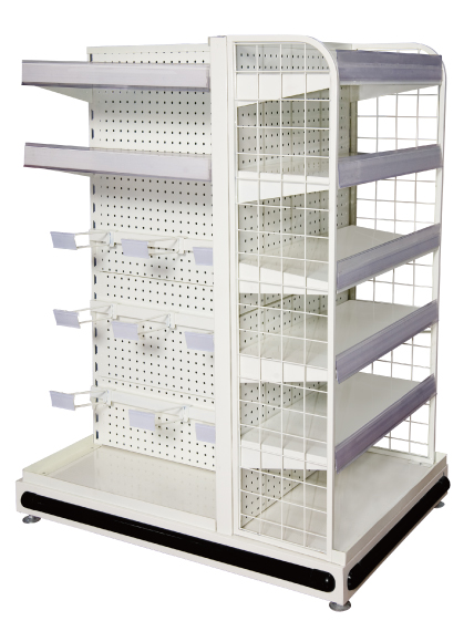 Double side+end unit perforated back panel retail shelf