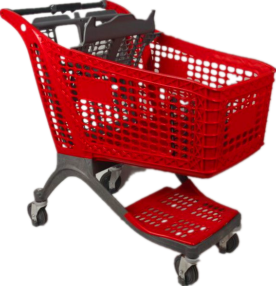 Full plastic supermarket shopping trolley